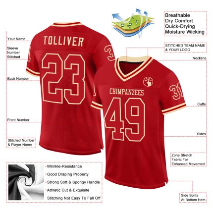 Personalized Red Cream Mesh Authentic Throwback Football Jersey Team Custom Name and Number