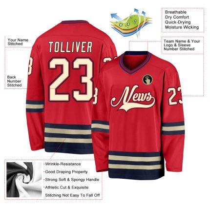 Personalized Red Cream-Navy Hockey Jersey Team Custom Name and Number