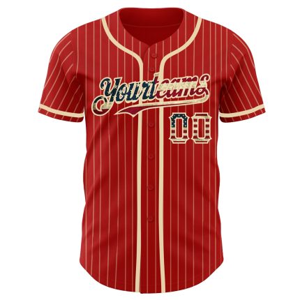 Personalized Red Cream Pinstripe Vintage USA Flag Authentic Baseball Jersey Team Custom Name and Number