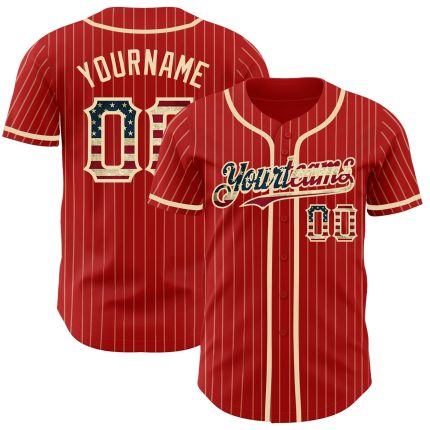 Personalized Red Cream Pinstripe Vintage USA Flag Authentic Baseball Jersey Team Custom Name and Number