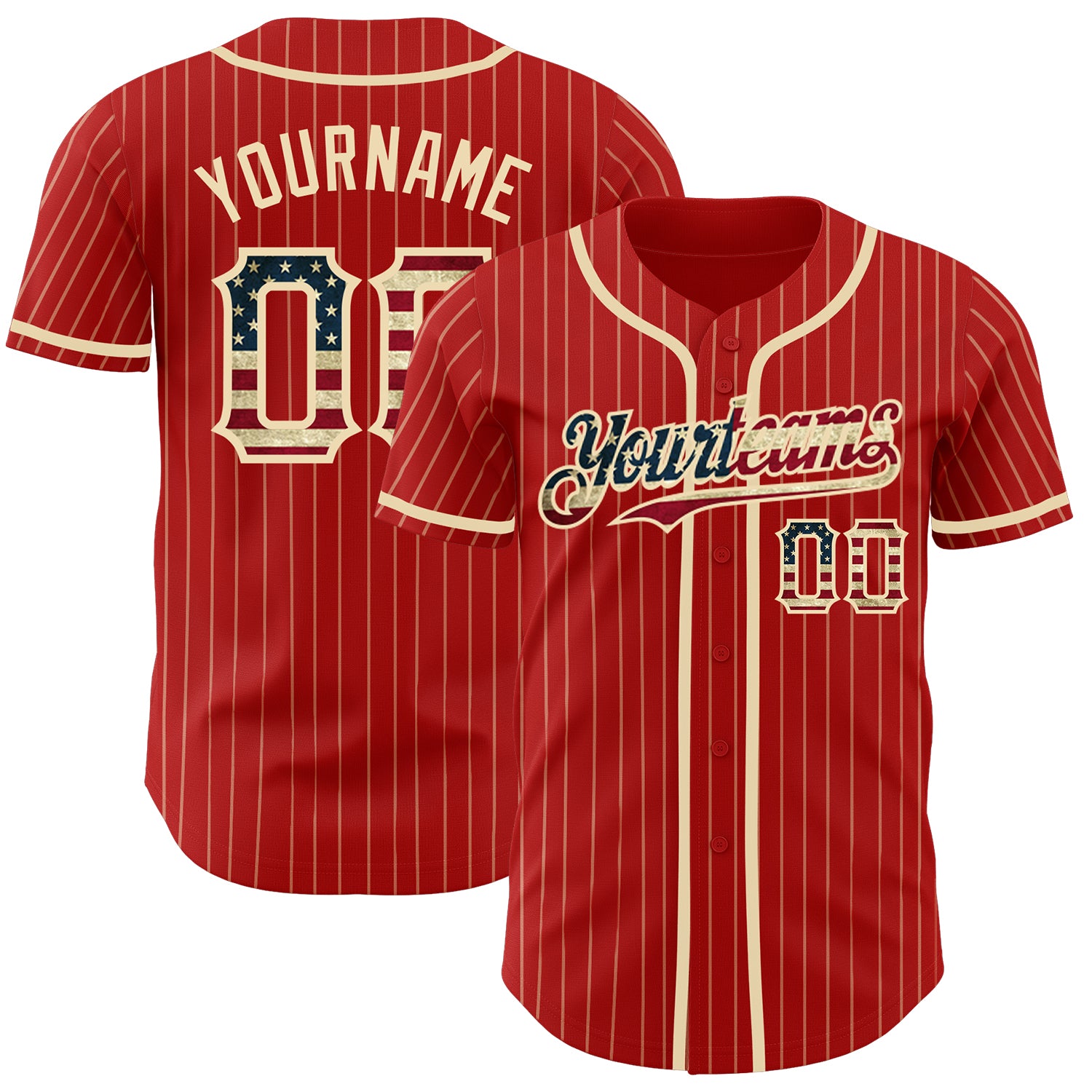 Personalized Red Cream Pinstripe Vintage USA Flag Authentic Baseball Jersey Team Custom Name and Number