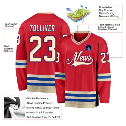 Personalized Red Cream-Royal Hockey Jersey Team Custom Name and Number