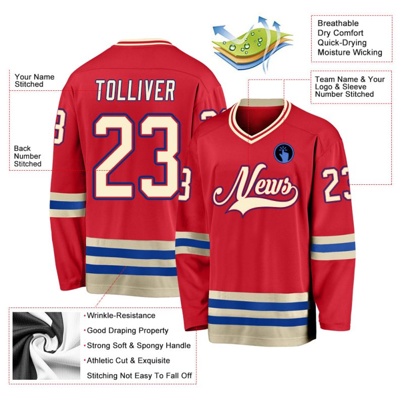Personalized Red Cream-Royal Hockey Jersey Team Custom Name and Number