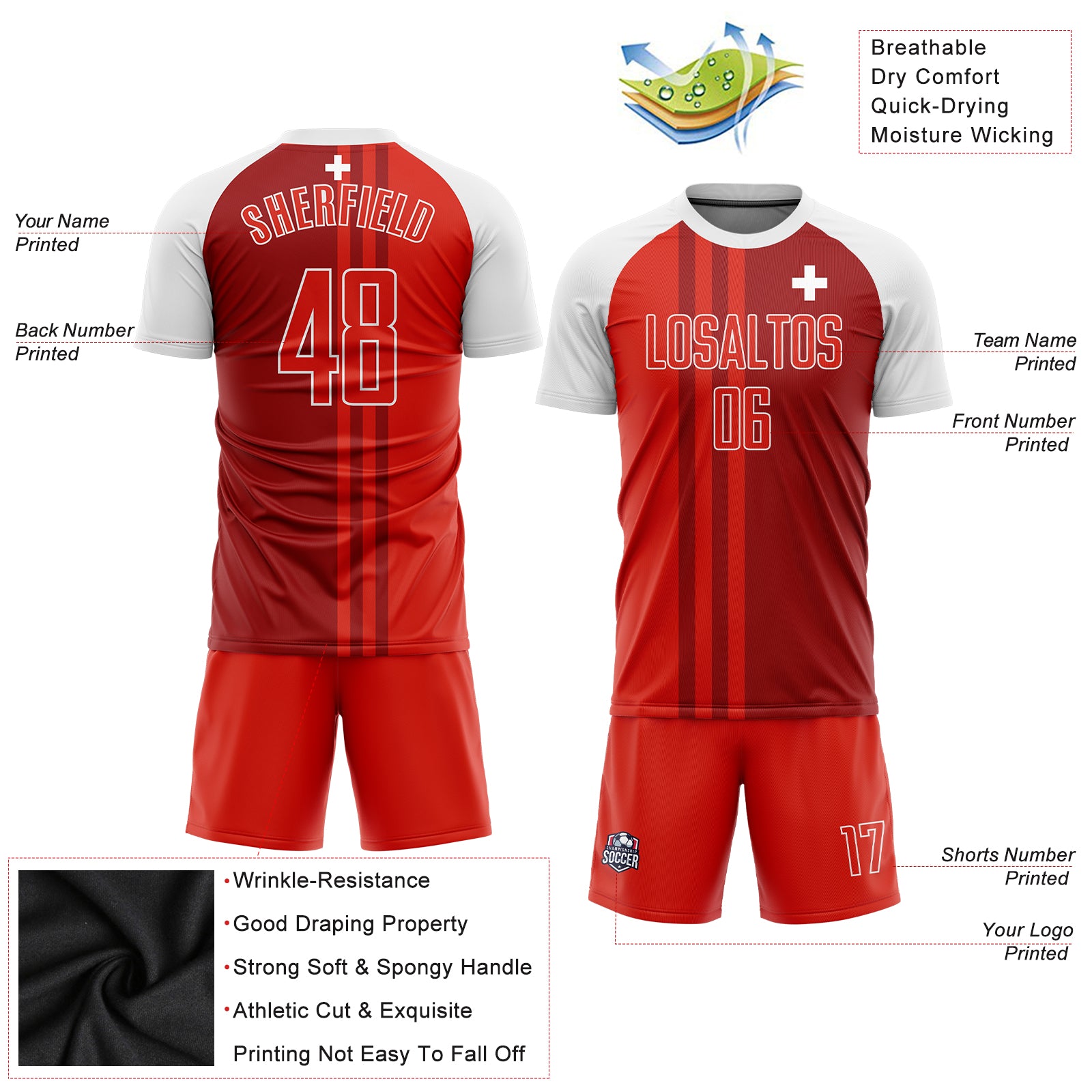 Personalized Red Crimson-White Sublimation Swiss Flag Soccer Uniform Jersey Team Custom Name and Number Personalized Red Crimson-White Sublimation Swiss Flag Soccer Uniform Jersey Team Custom Name and Number - Image 3