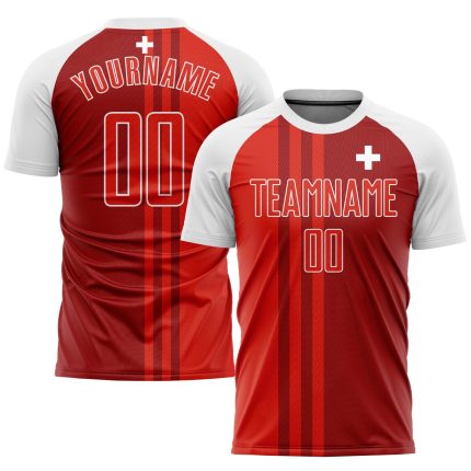 Personalized Red Crimson-White Sublimation Swiss Flag Soccer Uniform Jersey Team Custom Name and Number