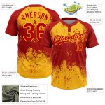 Personalized Red Gold 3D Pattern Abstract Splatter Grunge Art Two-Button Unisex Softball Jersey Team Custom Name and Number