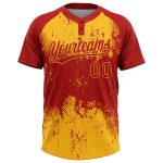 Personalized Red Gold 3D Pattern Abstract Splatter Grunge Art Two-Button Unisex Softball Jersey Team Custom Name and Number