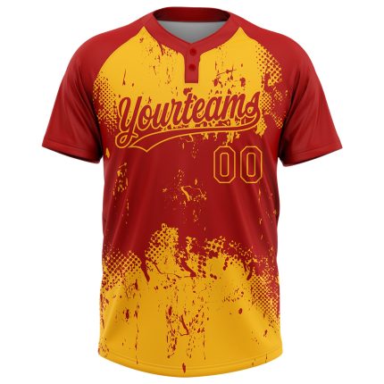 Personalized Red Gold 3D Pattern Abstract Splatter Grunge Art Two-Button Unisex Softball Jersey Team Custom Name and Number