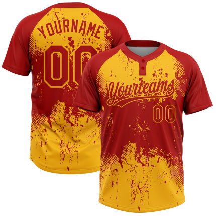 Personalized Red Gold 3D Pattern Abstract Splatter Grunge Art Two-Button Unisex Softball Jersey Team Custom Name and Number