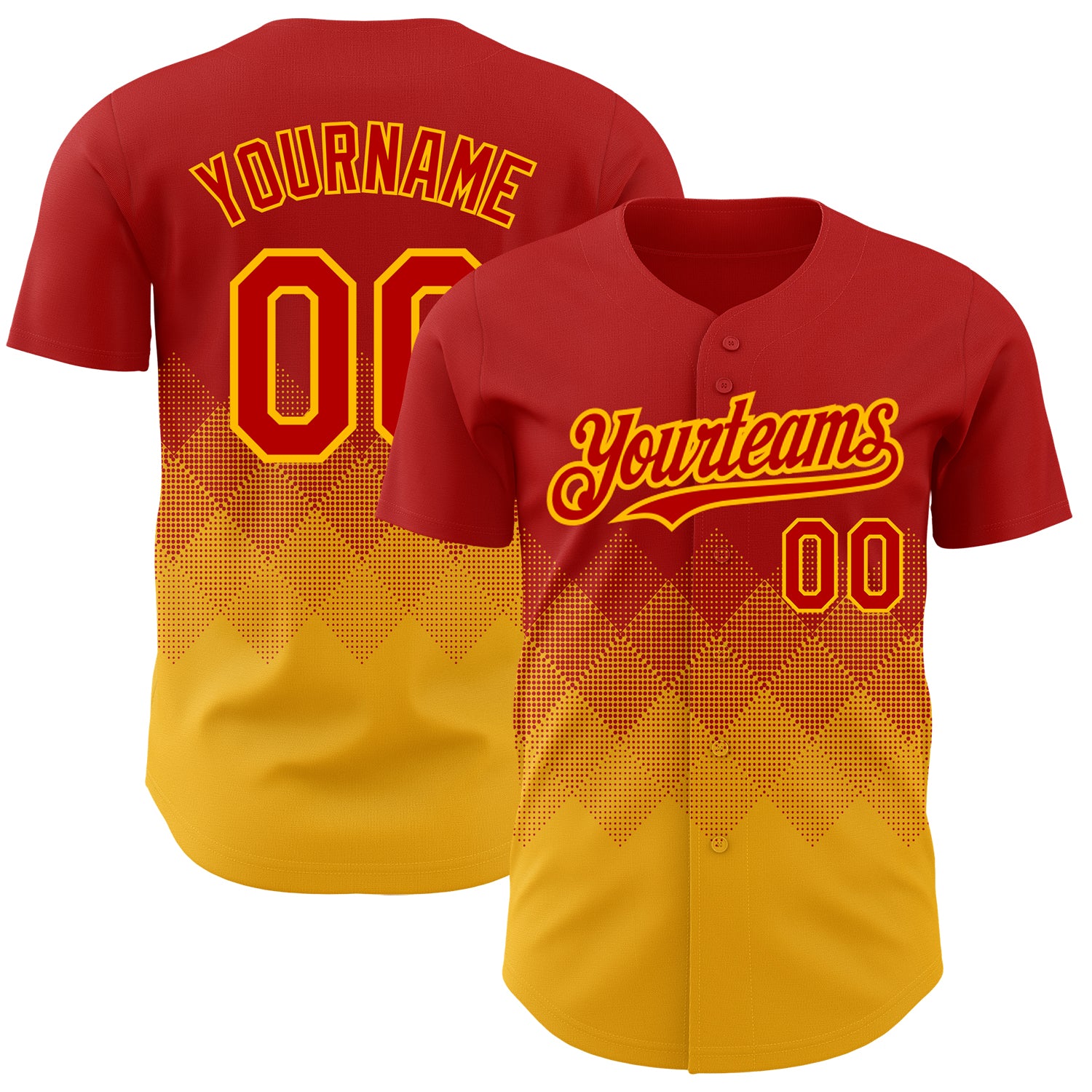 Personalized Red Gold 3D Pattern Design Gradient Square Shapes Authentic Baseball Jersey Team Custom Name and Number