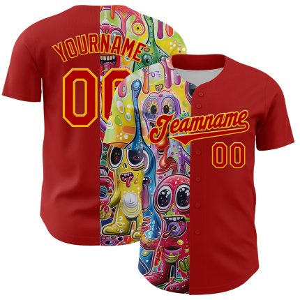 Personalized Red Gold 3D Pattern Design Rave Funny Monster Authentic Baseball Jersey Team Custom Name and Number