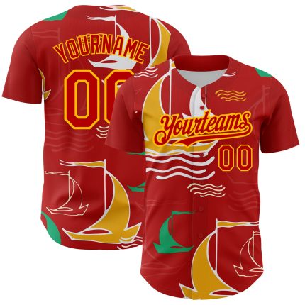 Personalized Red Gold 3D Pattern Design Sailing Boats Authentic Baseball Jersey Team Custom Name and Number