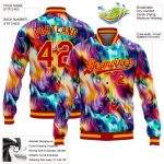 Personalized Red Gold Abstract Rainbow Liquid Trippy 3D Pattern Design Bomber Full-Snap Varsity Letterman Jacket Team Custom Name and Number