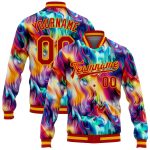 Personalized Red Gold Abstract Rainbow Liquid Trippy 3D Pattern Design Bomber Full-Snap Varsity Letterman Jacket Team Custom Name and Number
