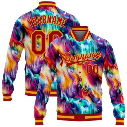 Personalized Red Gold Abstract Rainbow Liquid Trippy 3D Pattern Design Bomber Full-Snap Varsity Letterman Jacket Team Custom Name and Number
