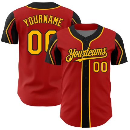 Personalized Red Gold-Black 3 Colors Arm Shapes Authentic Baseball Jersey Team Custom Name and Number