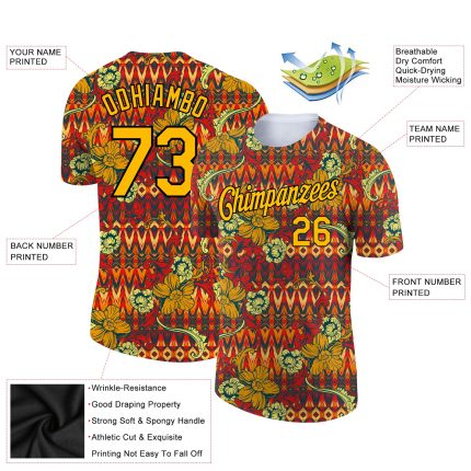 Personalized Red Gold-Black 3D Pattern Floral Design Performance T-Shirt Team Custom Name and Number