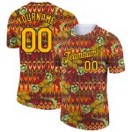 Personalized Red Gold-Black 3D Pattern Floral Design Performance T-Shirt Team Custom Name and Number