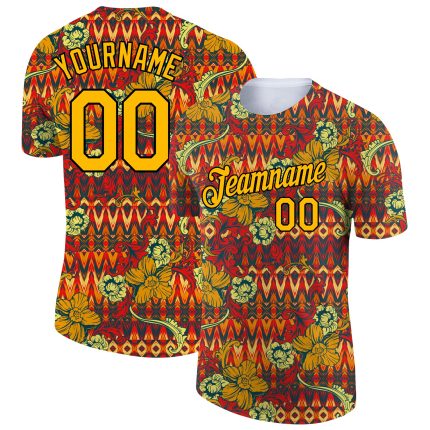 Personalized Red Gold-Black 3D Pattern Floral Design Performance T-Shirt Team Custom Name and Number