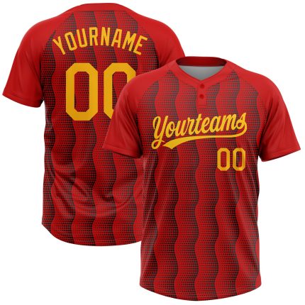 Personalized Red Gold-Black 3D Pattern Two-Button Unisex Softball Jersey Team Custom Name and Number