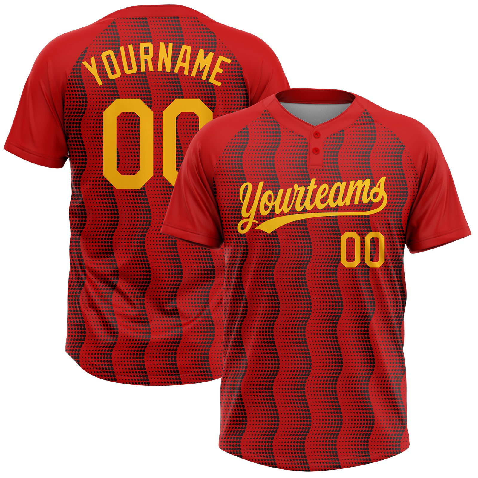 Personalized Red Gold-Black 3D Pattern Two-Button Unisex Softball Jersey Team Custom Name and Number