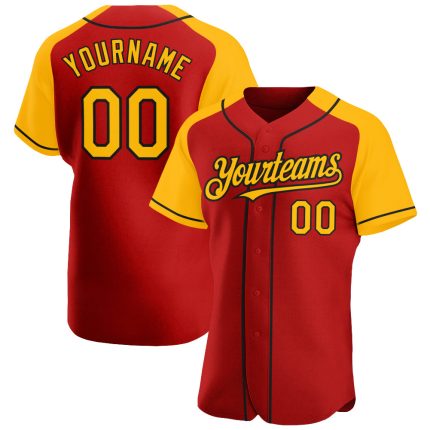 Personalized Red Gold-Black Authentic Raglan Sleeves Baseball Jersey Team Custom Name and Number
