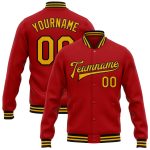 Personalized Red Gold-Black Bomber Full-Snap Varsity Letterman Jacket Team Custom Name and Number