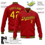 Personalized Red Gold-Black Bomber Full-Snap Varsity Letterman Jacket Team Custom Name and Number