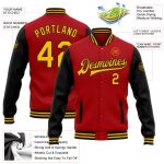 Personalized Red Gold-Black Bomber Full-Snap Varsity Letterman Two Tone Jacket Team Custom Name and Number