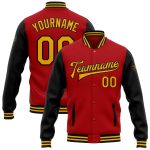 Personalized Red Gold-Black Bomber Full-Snap Varsity Letterman Two Tone Jacket Team Custom Name and Number