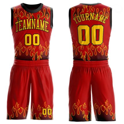 Custom red, gold and black flame sublimated basketball jersey