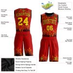 Custom red, gold and black flame sublimated basketball jersey, back view