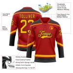 Personalized Red Gold-Black Hockey Lace Neck Jersey Team Custom Name and Number