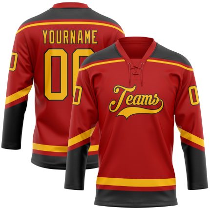 Personalized Red Gold-Black Hockey Lace Neck Jersey Team Custom Name and Number