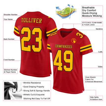 Personalized Red Gold-Black Mesh Authentic Football Jersey Team Custom Name and Number