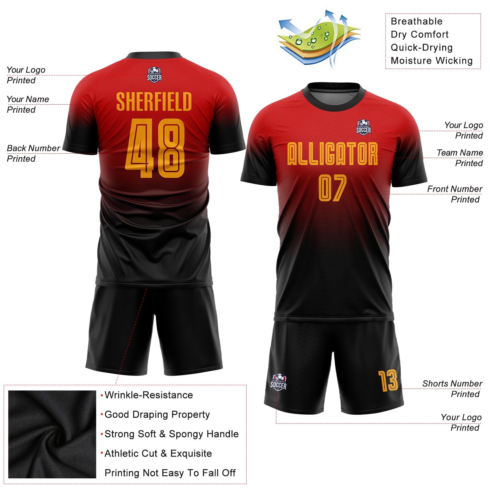 Personalized Red Gold-Black Sublimation Fade Fashion Soccer Uniform Jersey Team Custom Name and Number Personalized Red Gold-Black Sublimation Fade Fashion Soccer Uniform Jersey Team Custom Name and Number - Image 3