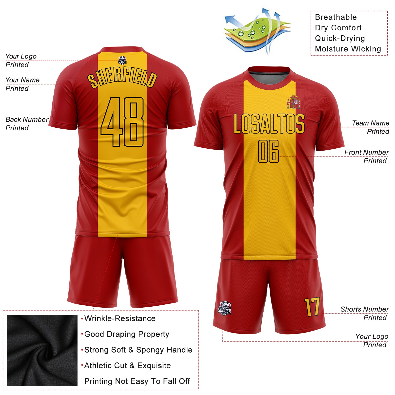Personalized Red Gold-Black Sublimation Spanish Flag Soccer Uniform Jersey Team Custom Name and Number Personalized Red Gold-Black Sublimation Spanish Flag Soccer Uniform Jersey Team Custom Name and Number - Image 3