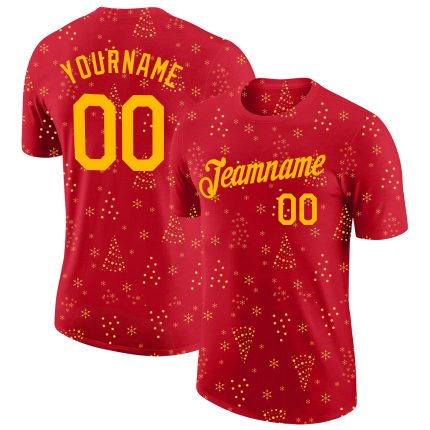 Personalized Red Gold Christmas 3D Performance T-Shirt Team Custom Name and Number