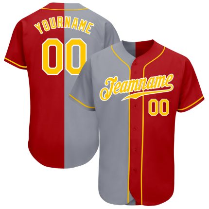 Personalized Red Gold-Gray Authentic Split Fashion Baseball Jersey Team Custom Name and Number