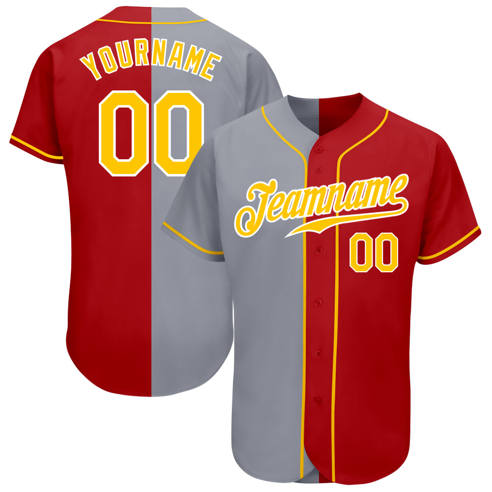 Personalized Red Gold-Gray Authentic Split Fashion Baseball Jersey Team Custom Name and Number