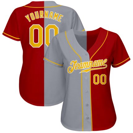 Personalized Red Gold-Gray Authentic Split Fashion Baseball Jersey Team Custom Name and Number