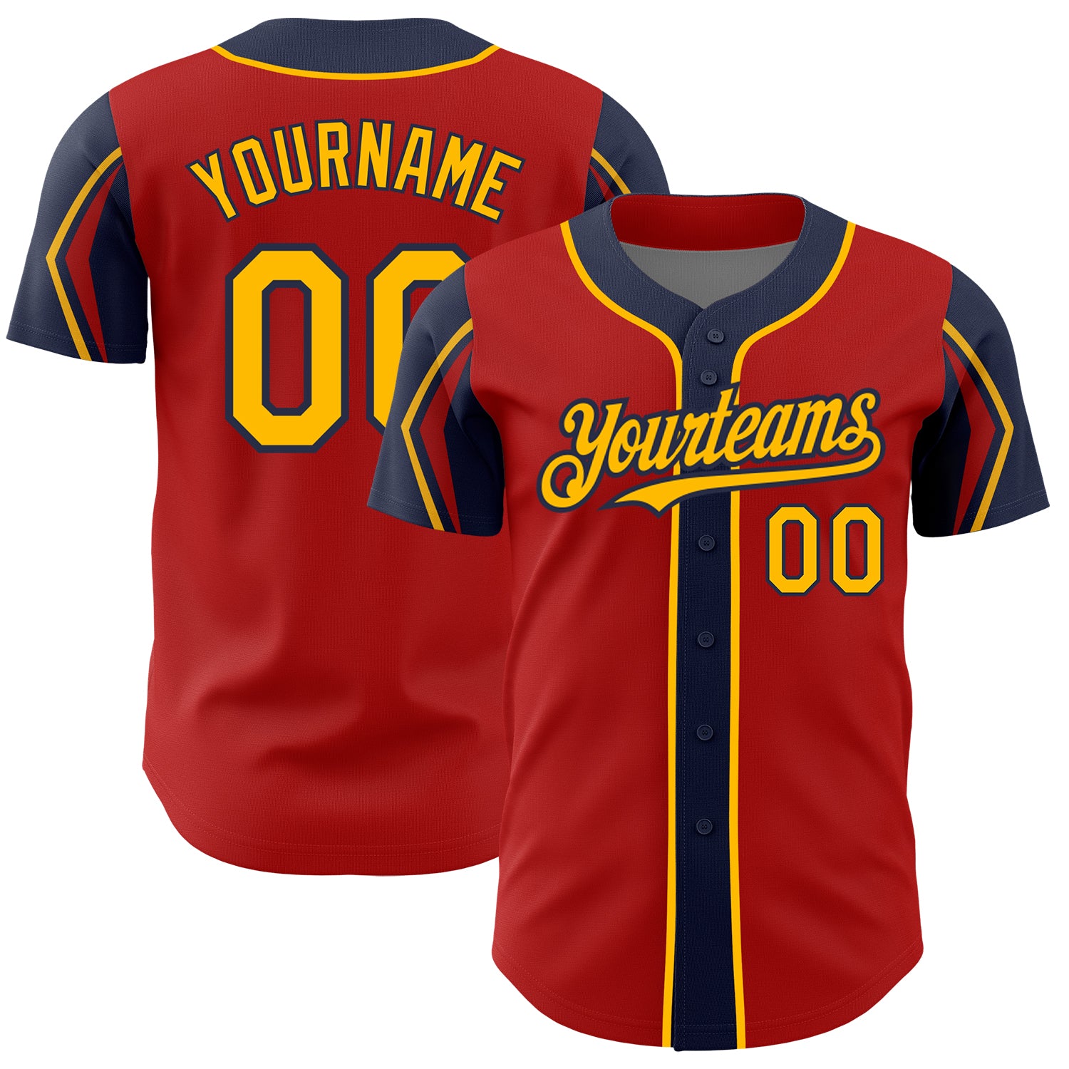 Personalized Red Gold-Navy 3 Colors Arm Shapes Authentic Baseball Jersey Team Custom Name and Number