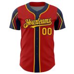 Personalized Red Gold-Navy 3 Colors Arm Shapes Authentic Baseball Jersey Team Custom Name and Number