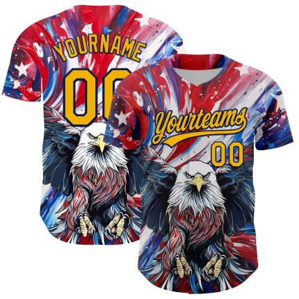 Personalized Red Gold-Navy 3D American Flag Eagle And Star Authentic Baseball Jersey Team Custom Name and Number