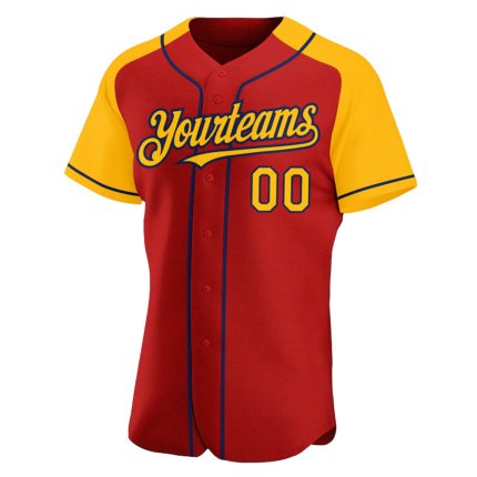 Personalized Red Gold-Navy Authentic Raglan Sleeves Baseball Jersey Team Custom Name and Number
