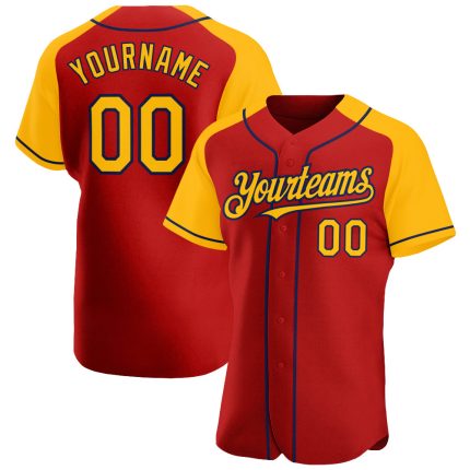 Personalized Red Gold-Navy Authentic Raglan Sleeves Baseball Jersey Team Custom Name and Number