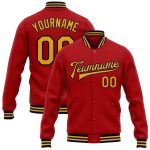 Personalized Red Gold-Navy Bomber Full-Snap Varsity Letterman Jacket Team Custom Name and Number