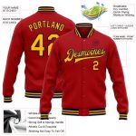 Personalized Red Gold-Navy Bomber Full-Snap Varsity Letterman Jacket Team Custom Name and Number