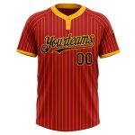 Personalized Red Gold Pinstripe Black Two-Button Unisex Softball Jersey Team Custom Name and Number