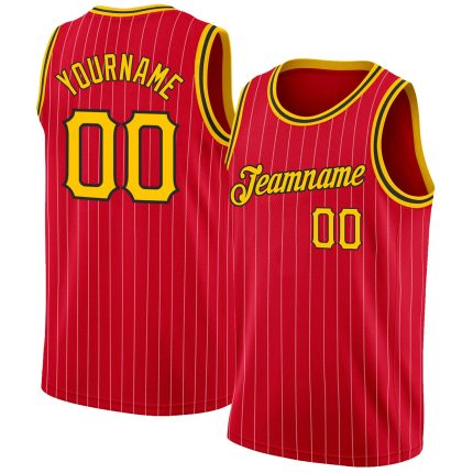 Personalized Red Gold Pinstripe Gold-Black Authentic Basketball Jersey Team Custom Name and Number